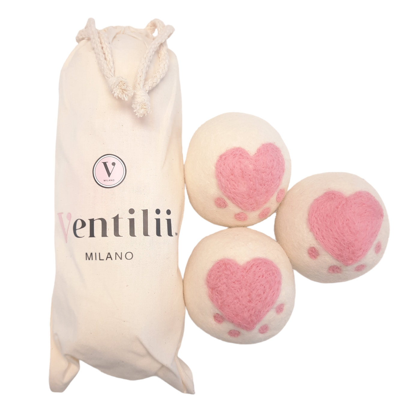 3 grote drogerballen van wol (7cm) met roze hartje – Ventilii Milano