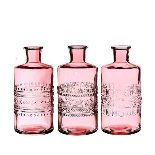 Set van 3 flesjes 14.5cm hoog roze glas met motief