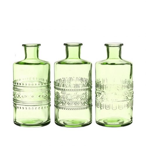 Set van 3 flesjes 14.5cm hoog groen glas met motief
