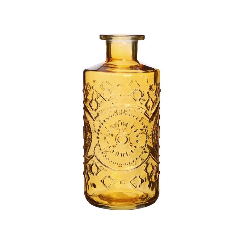 Prachtige fles 21cm hoog amber/geel glas met kristal motief