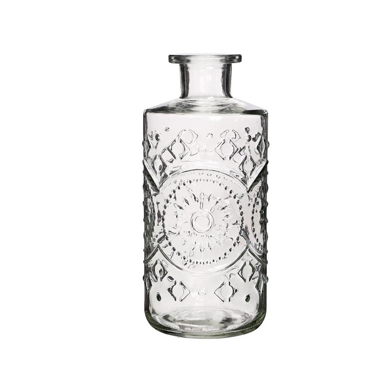 Prachtige fles 21cm hoog wit glas met kristal motief