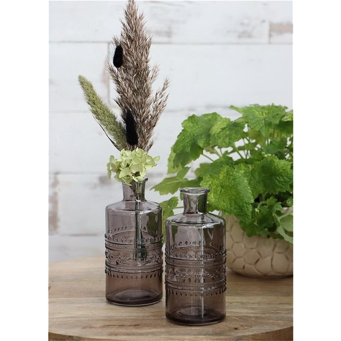 Set van 3 flesjes 14.5cm hoog grijs glas met motief