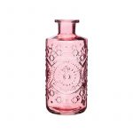 Prachtige fles 21cm hoog roze glas met kristal motief