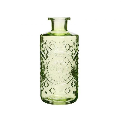 Prachtige fles 21cm hoog groen glas met kristal motief