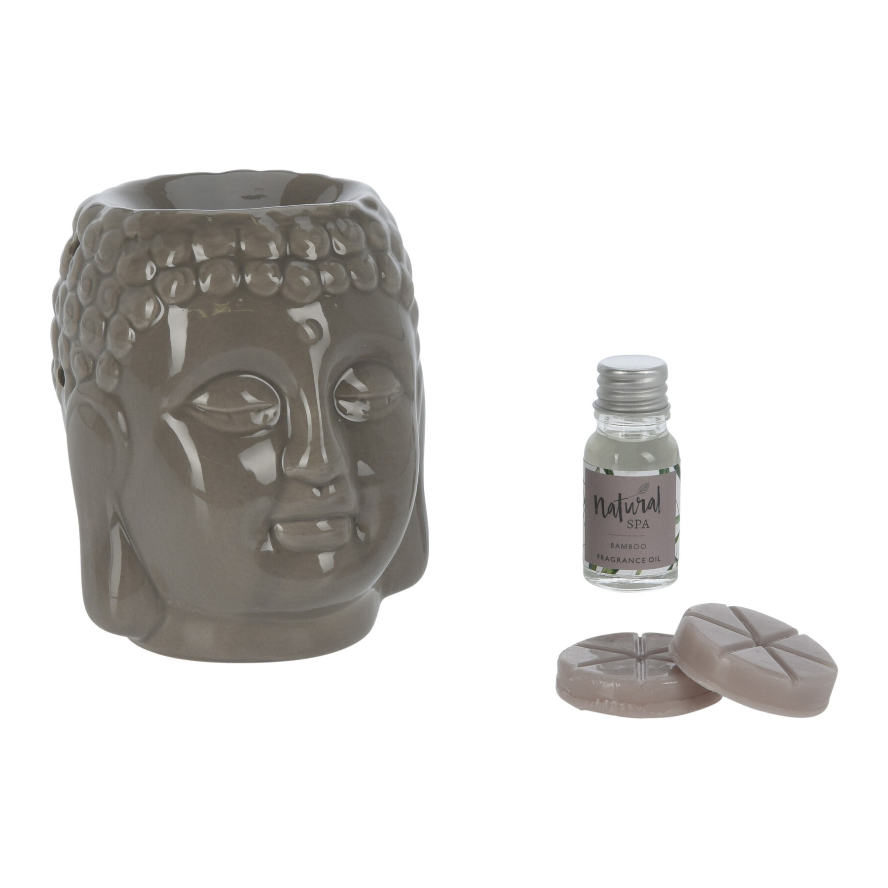 Waxwarmer keramische Buddha - geurset: Bamboo (taupe)