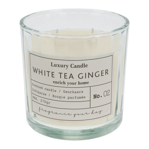 Geurkaars WHITE TEA GINGER in glazen pot met deksel 10x10cm