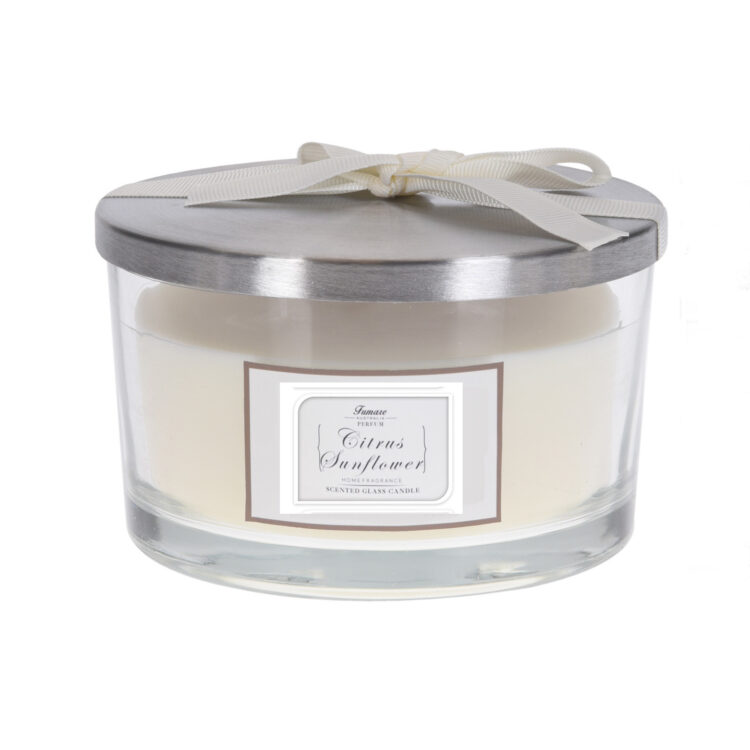 Geurkaars CITRUS SUNFLOWER in glazen pot met zilverkleurige deksel