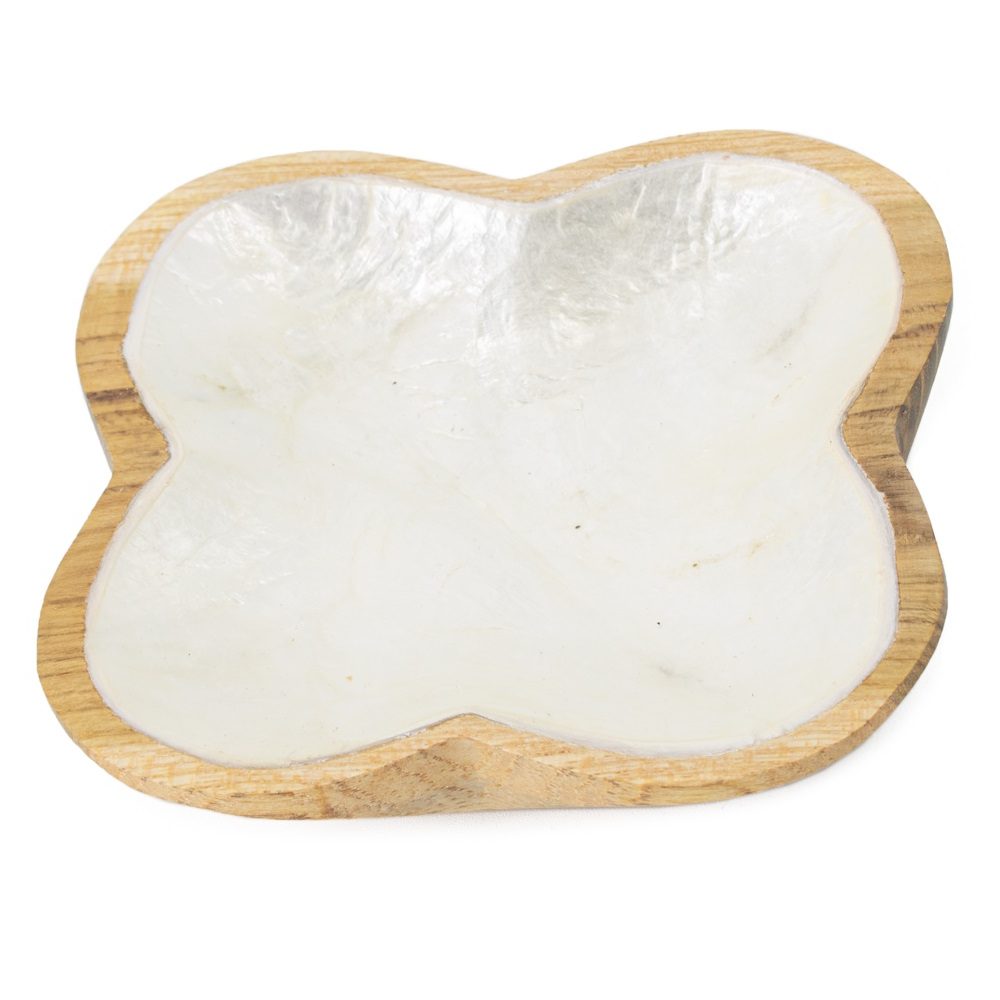Schaaltje mangohout met schelp/parelmoer klaver 11×7.5cm – rg2110