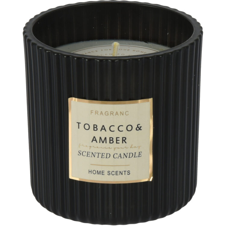 Geurkaars Tabacco & Amber in zwart ribbelglas