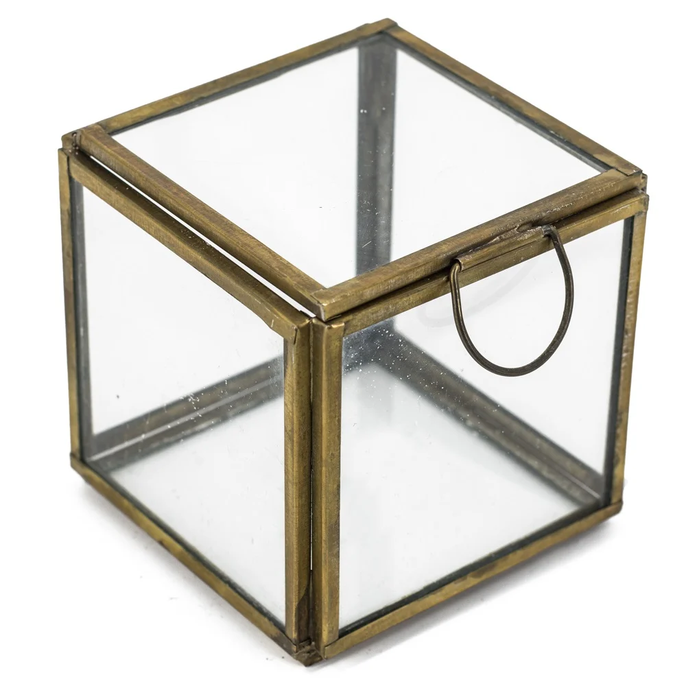 Glazen doosje 8x8x8cm vierkant goud met deksel - hb4875