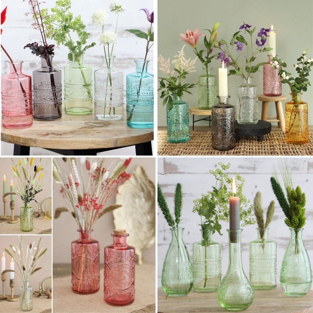 Mooie vazen - flessen in verschillende kleuren - interiorscent.nl